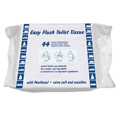 Vit förpackning med 44 Easy Flush toapapper, blå ikoner, Panthenol, extra mjukt och känsligt.